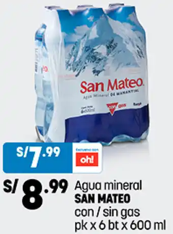 Plaza Vea Agua mineral SAN MATEO con / sin gas pk x 6 bt x 600 ml oferta