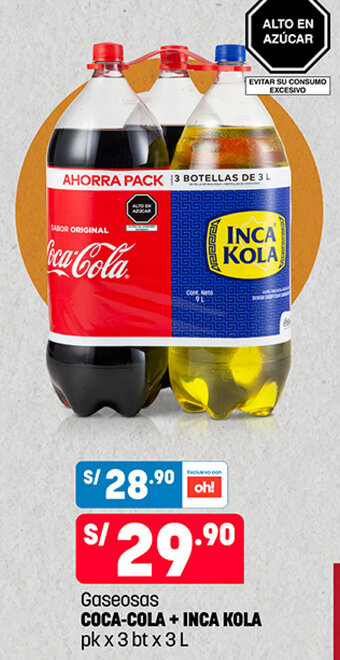 Plaza Vea Gaseosas COCA-COLA + INCA KOLA pk x 3 btx 3 L oferta