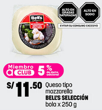 Plaza Vea Queso tipo mozzarella BELL'S SELECCIÓN bola x 250 g oferta