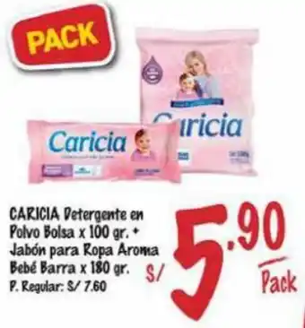 MaxiAhorro CARICIA Detergente en Polvo Bolsa x 100 gr. Jabón para Ropa Aroma Bebé Barra x 180 gr. oferta