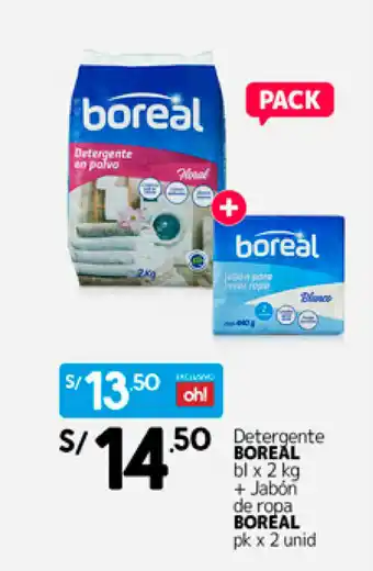 Plaza Vea Boreal Detergente 2kg + Boreal Jabon de ropa 2 unid oferta