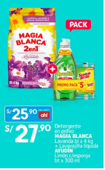 Plaza Vea Magia Blanca Detergente en polvo 4kg + Ayudin Lavavajilla Liquida 300ml oferta