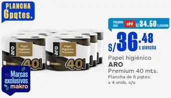 Makro Papel higiénico ARO Premium 40 mts. Plancha de 6 pqtes. x 4 unds. c/u oferta