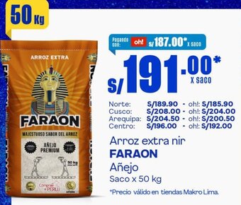 Makro Arroz extra nir FARAON Añejo Saco x 50 kg oferta