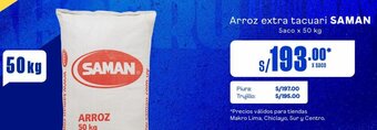 Makro Arroz extra tacuari SAMAN Saco x 50 kg oferta