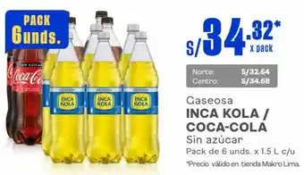 Makro Gaseosa INCA KOLA / COCA-COLA Sin azúcar Pack de 6 unds. x 1.5 L c/u *Precio válido en tienda Makro Lima. oferta