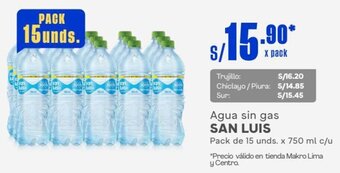 Makro Agua sin gas SAN LUIS Pack de 15 unds. x 750 ml c/u oferta