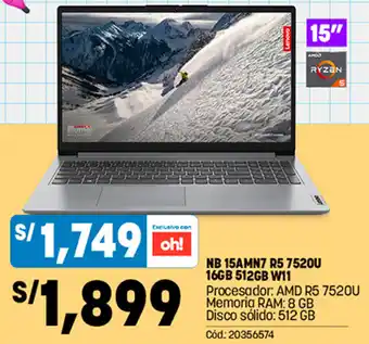 Plaza Vea Lenovo NB 15AMN7 R5 7520U 16GB 512GB W11 oferta