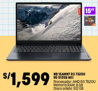 Plaza Vea Lenovo NB 15AMN7 R3 7320U 8G 512GB W11 Procesador: AMD R3 7520U Memoria RAM: 8 GB Disco sólido: 512 GB oferta