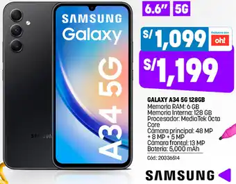 Plaza Vea SAMSUNG GALAXY A34 5G 128GB Memoria RAM: 6 GB Memoria Interna: 128 GB Procesador: MediaTek Octa Core Cámara principal: 48 MP oferta