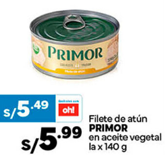 Plaza Vea Filete de atún PRIMOR en aceite vegetal la x 140 g oferta