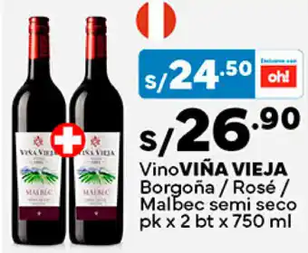 Plaza Vea VinoVIÑA VIEJA Borgoña / Rosé / Malbec semi seco pk x 2 bt x 750 ml oferta