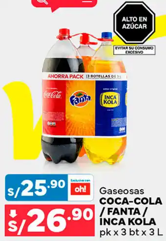 Plaza Vea COCA-COLA /FANTA/ INCA KOLA pk x 3 btx 3 L oferta