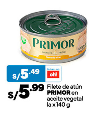 Plaza Vea Filete de atún PRIMOR en aceite vegetal la x 140 g oferta