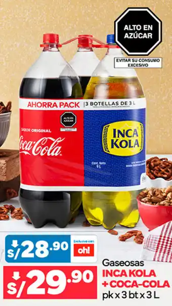 Plaza Vea Gaseosas INCA KOLA + COCA-COLA pk x 3 bt x 3L oferta