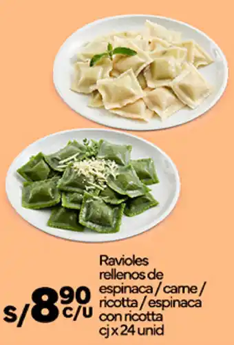 Plaza Vea Ravioles rellenos de espinaca/carne/ ricotta/espinaca con ricotta cj x 24 unid oferta