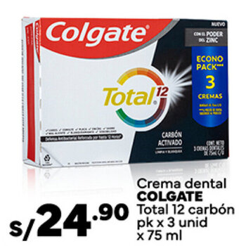 Plaza Vea Crema dental COLGATE Total 12 carbón pk x 3 unid x 75 ml oferta
