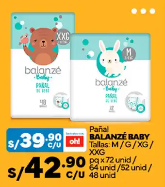 Plaza Vea Pañal BALANZÉ BABY Tallas: M/G/XG/ XXG pq x72 unid/ 64 unid/ 52 unid/ 48 unid oferta