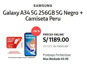Claro Galaxy A34 5G 256GB 5G Negro + Camiseta Peru oferta