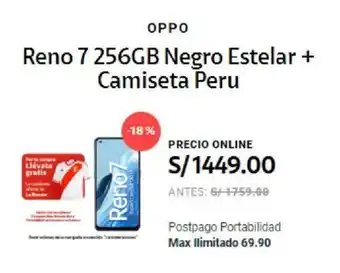 Claro OPPO Reno 7 256GB Negro Estelar + Camiseta Peru oferta