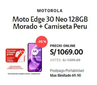 Claro MOTOROLA Moto Edge 30 Neo 128GB Morado + Camiseta Peru oferta