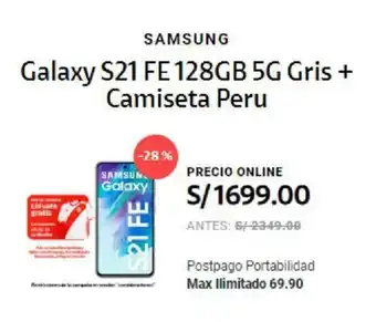 Claro SAMSUNG Galaxy S21 FE 128GB 5G Gris + Camiseta Peru oferta