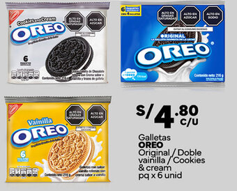 Plaza Vea Galletas OREO Original/Doble vainilla/Cookies & cream pq x 6 unid oferta