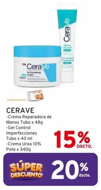 Mifarma CERAVE -Crema Reparadora de Manos Tubo x 48g -Gel Control Imperfecciones Tubo x 40 ml -Crema Urea 10% Pote x 340g oferta