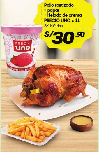 Hiperbodega Precio Uno Pollo rostizado + papas + Helado de crema PRECIO UNO x 1L SKU: Varios oferta