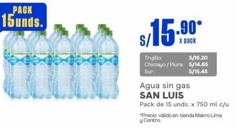 Makro Agua sin gas SAN LUIS Pack de 15 unds. x 750 ml c/u oferta