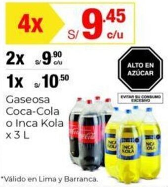 Metro Gaseosa Coca-Cola o Inca Kola x 3L oferta