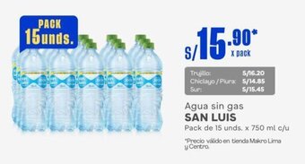 Makro Agua sin gas SAN LUIS Pack de 15 unds. x 750 ml c/u oferta