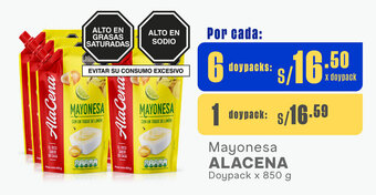Plaza Vea Mayonesa ALACENA Doypack x 850 g oferta