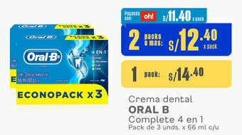Plaza Vea Crema dental ORAL B Complete 4 en 1 Pack de 3 unds. x 66 ml c/u oferta