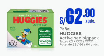 Plaza Vea Pañal HUGGIES Active sec bigpack Tallas XG/XXG / XXXG Pqte. de 68 / 66 / 64 unds. oferta