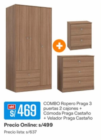 Promart COMBO Ropero Praga 3 puertas 2 cajones + Cómoda Praga Castaño + Velador Praga Castaño oferta