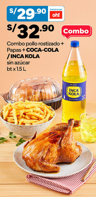 Plaza Vea Combo pollo rostizado + Papas +COCA-COLA /INCA KOLA sin azúcar bt x 1.5 L oferta