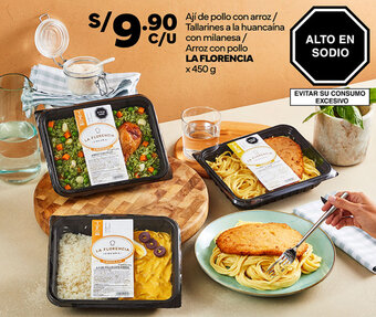 Plaza Vea Ají de pollo con arroz / Tallarines a la huancaína con milanesa / Arroz con pollo LA FLORENCIA x 450 g oferta