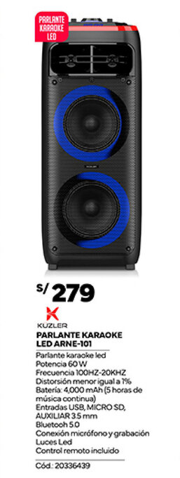 Plaza Vea KUZLER PARLANTE KARAOKE LED ARNE-101 oferta