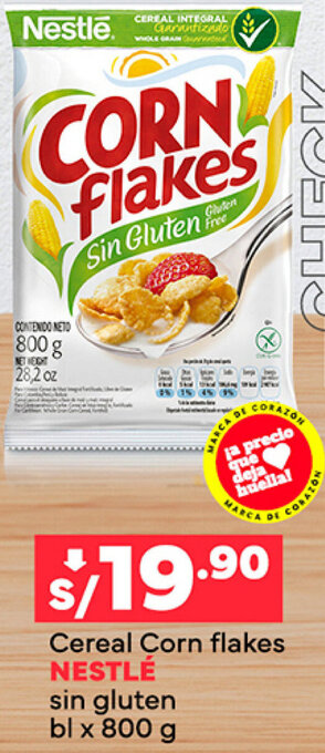 Plaza Vea Cereal Corn flakes NESTLÉ sin gluten bl x 800g oferta