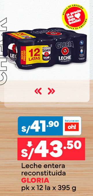 Plaza Vea Leche entera reconstituida GLORIA pk x 12 la x 395g oferta