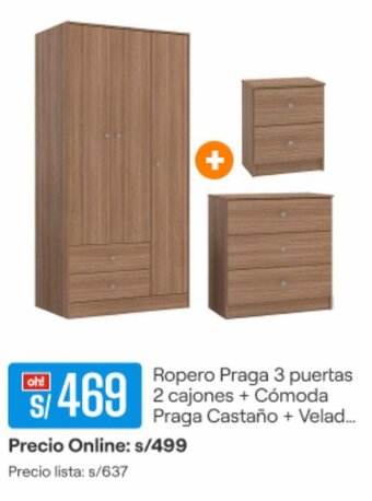 Promart Ropero Praga 3 puertas 2 cajones + Cómoda Praga Castaño + Velad.... oferta
