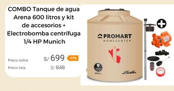 Promart PROMART HOMECENTER Tanque de agua Arena 600 litros y kit de accesorios + Electrobomba centrífuga 1/4 HP Munich oferta