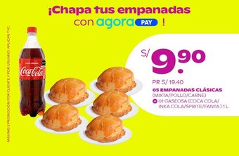 Tambo 05 EMPANADAS CLÁSICAS (MIXTA/POLLO/CARNE) +01 GASEOSA (COCA COLA/ INKA COLA/SPRITE/FANTA) 1L oferta