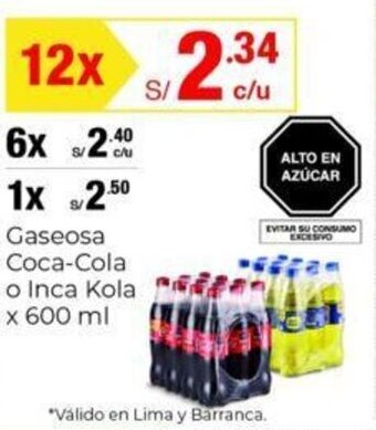 Metro Gaseosa Coca-Cola o Inca Kola x 600 ml x 12 oferta