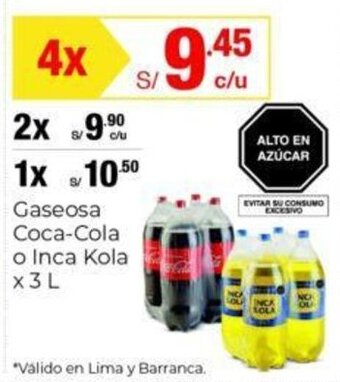Metro Gaseosa Coca-Cola o Inca Kola x 3 L x 4 oferta