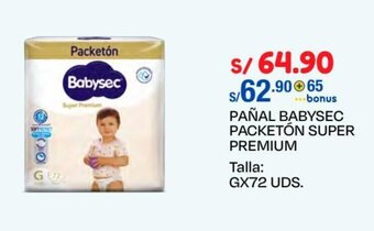 Wong PAÑAL BABYSEC PACKETÓN SUPER PREMIUM Talla: G X 72 UDS. oferta