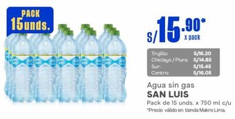 Makro Agua sin gas SAN LUIS Pack de 15 unds. x 750 ml c/u oferta