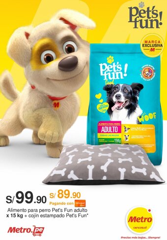Metro Alimento para perro Pet's Fun adulto x 15 kg + cojín estampado Pet's Fun oferta