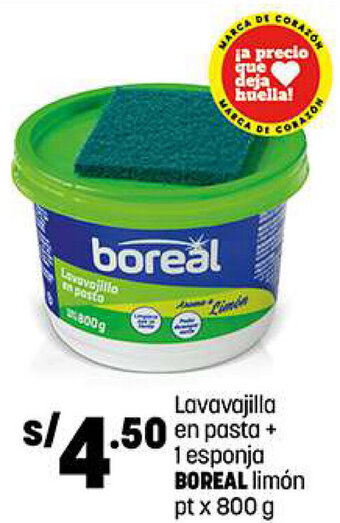 Plaza Vea BOREAL Lavavajilla en pasta + 1 esponja limón pt x 800 g oferta